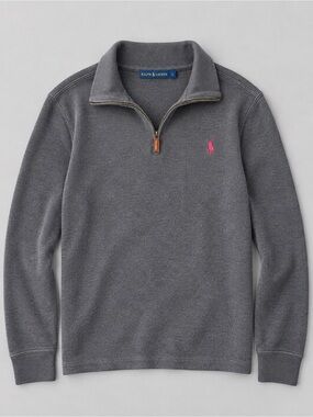 Ralph Lauren Men’s Charcoal Quarter-Zip Sweater with Pink Polo Logo
